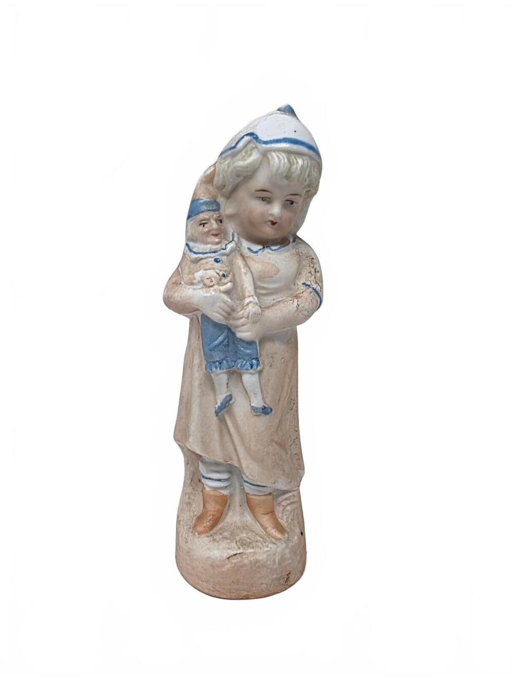 Antique Bisque Child Holding Doll Figurine Blue White 5.5 Inch